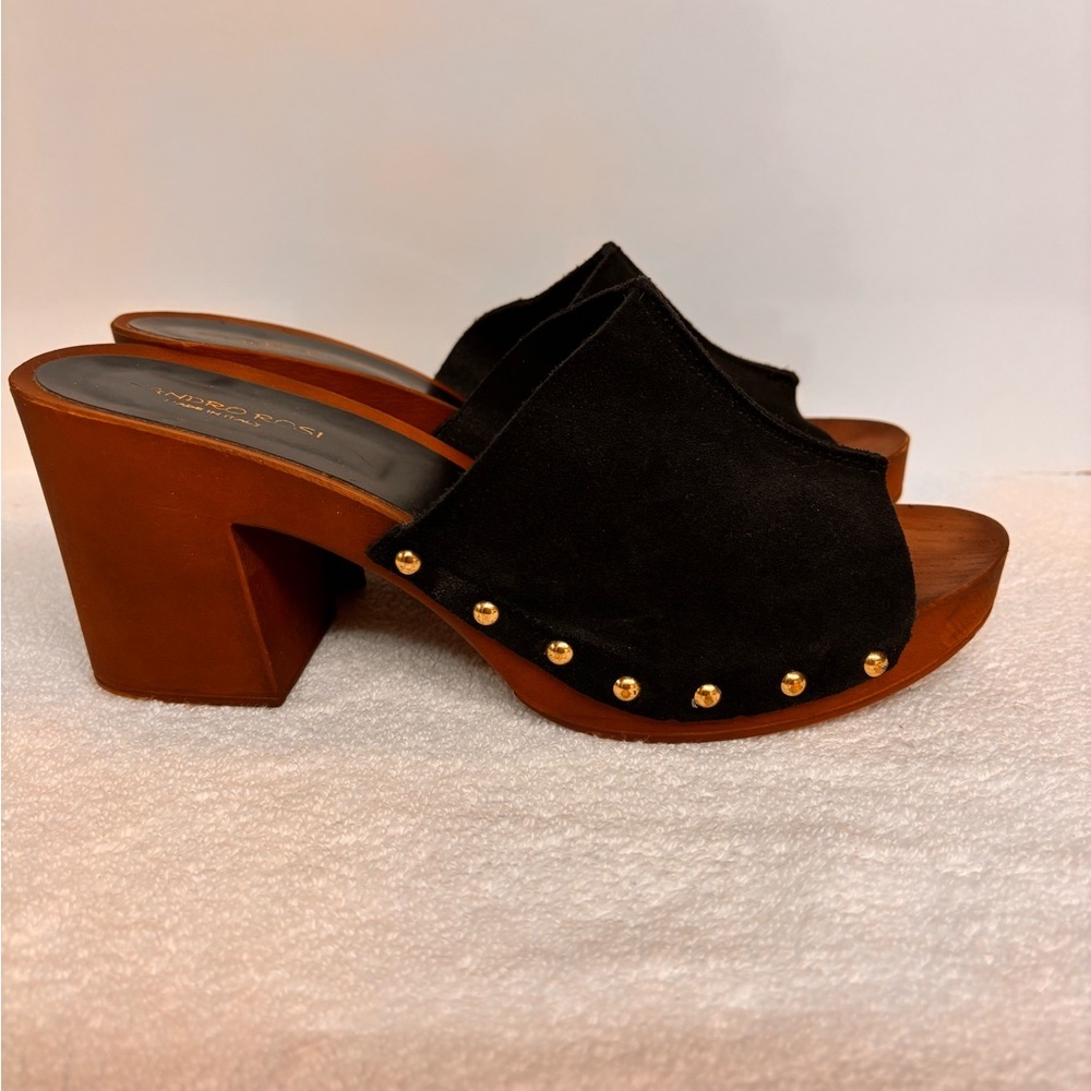 Sandro Rosi Black Suede Gold Studded Clogs
